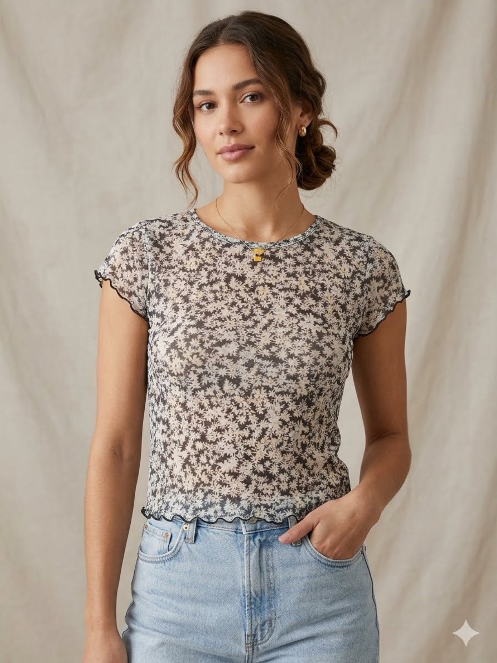 American Eagle Outfitters Black & Cream Floral Mesh Crop Top